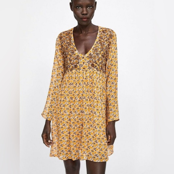 Zara Dresses & Skirts - ZARA Floral Embroidered Long Sleeve Mini Dress Mustard Yellow - XS